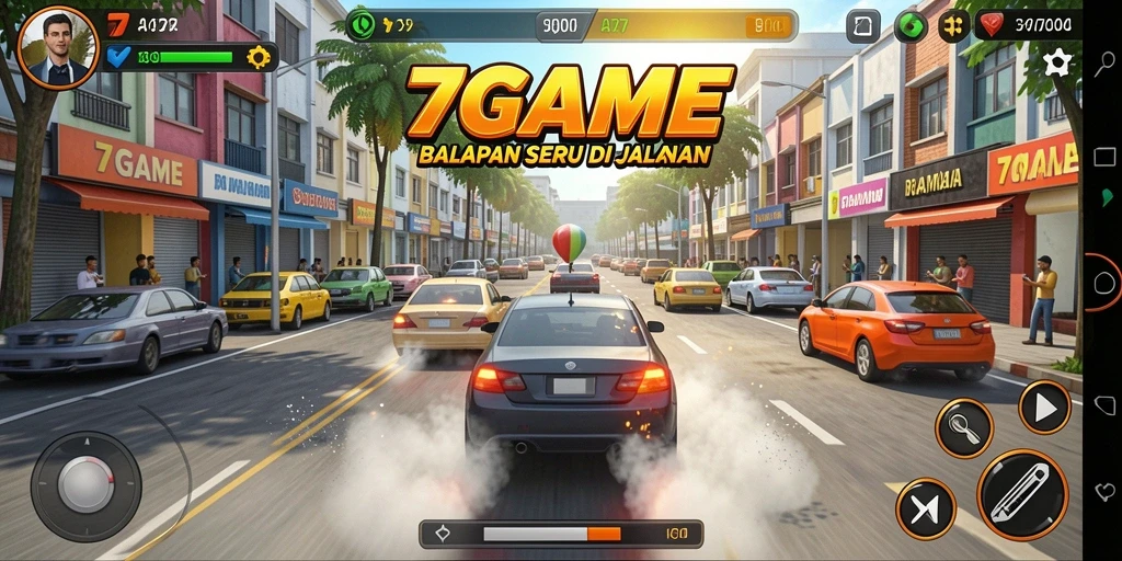 Tangkapan layar utama dari 7GAME menampilkan aksi balapan yang mendebarkan.