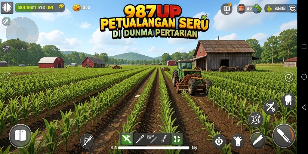 Tampilan gameplay seru dari 987UP dengan berbagai aktivitas pertanian.