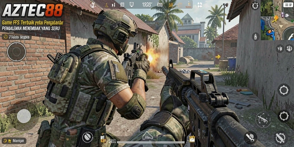 Tangkapan layar gameplay AZTEC88 yang menegangkan saat pertarungan FPS.