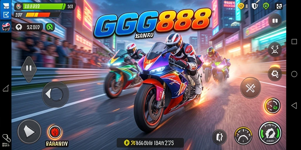 Tampilan utama gameplay GGG888 dengan aksi balap motor yang seru.