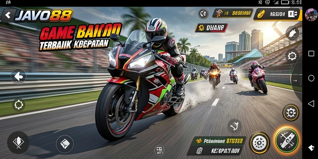Screenshot gameplay JAVO88 menampilkan aksi balapan motor yang mendebarkan.
