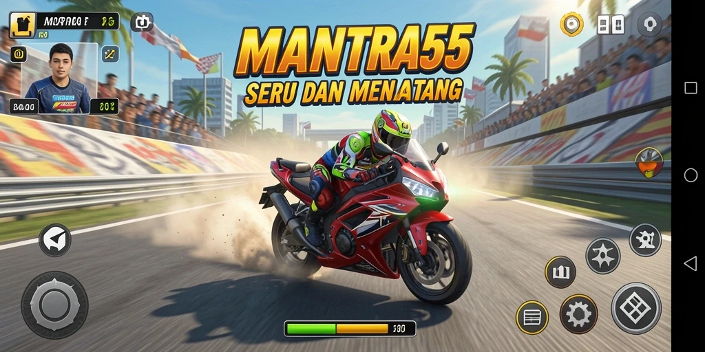 Gameplay seru MANTRA55 saat balapan motor di lintasan menantang.