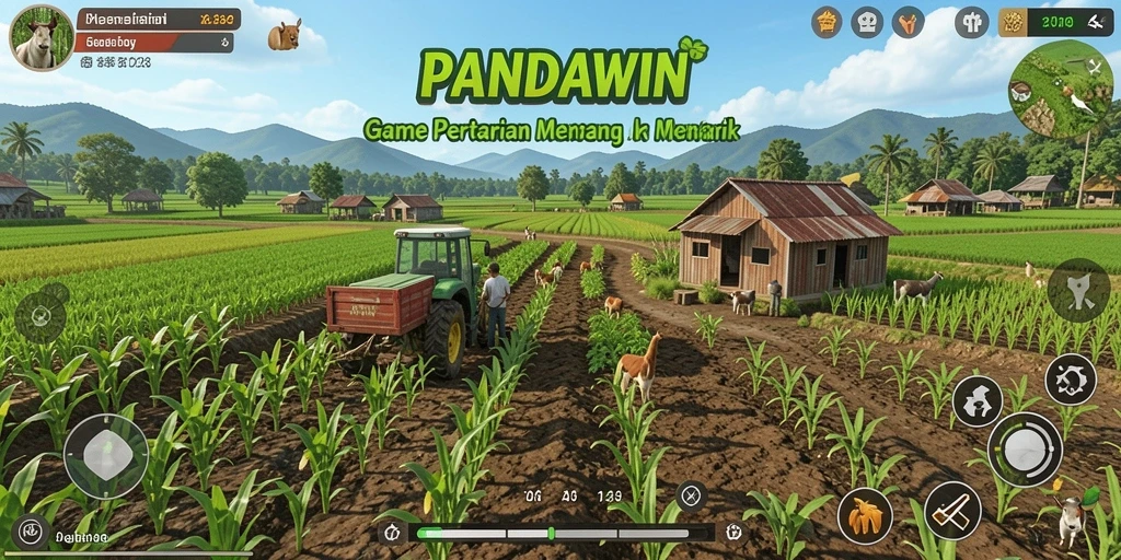 Screenshot utama PANDAWIN menunjukkan berbagai jenis tanaman dan hewan ternak yang cerah.