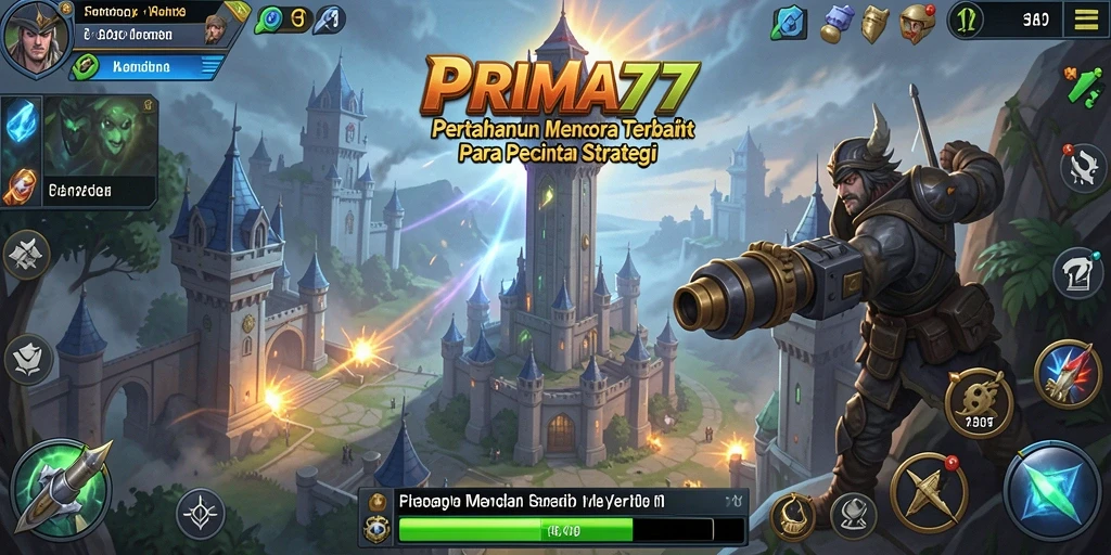 Tangkapan layar gameplay PRIMA77 menampilkan aksi menara yang epik dalam Tower Defense.